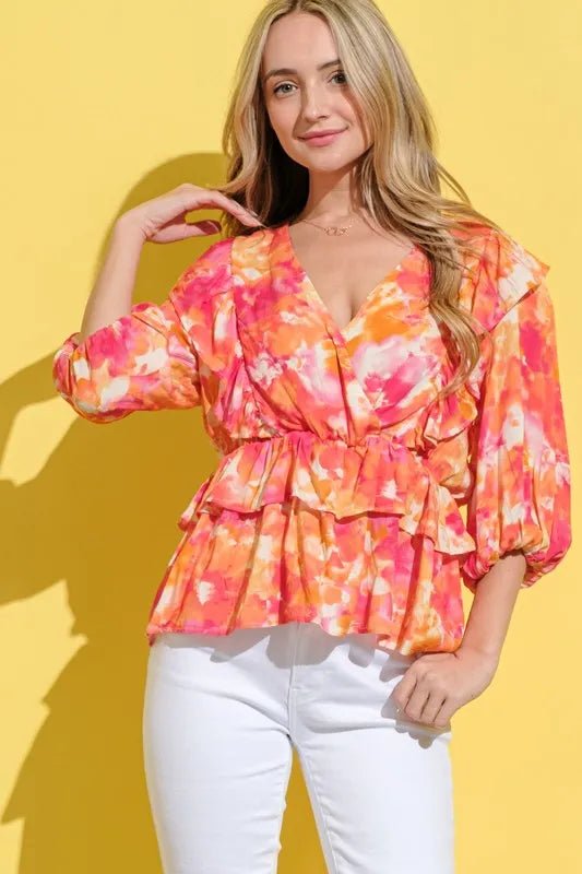 And The Why Ruffled Printed Puff Sleeve Blouse - Blu Lotus Boutique