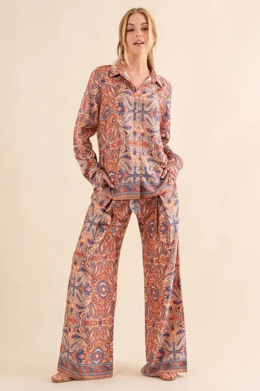 And The Why Satin Paisley Pattern Button Down Shirts - Blu Lotus Boutique