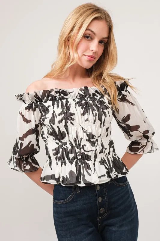 And The Why Smocked Off - Shoulder Floral Printed Top - Blu Lotus Boutique
