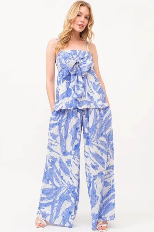 And The Why Smocked Tied Waist Abstract Print Wide Leg Pants - Blu Lotus Boutique