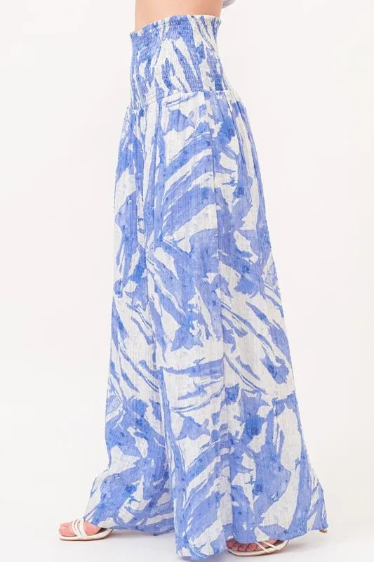 And The Why Smocked Tied Waist Abstract Print Wide Leg Pants - Blu Lotus Boutique