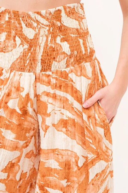 And The Why Smocked Tied Waist Abstract Print Wide Leg Pants - Blu Lotus Boutique