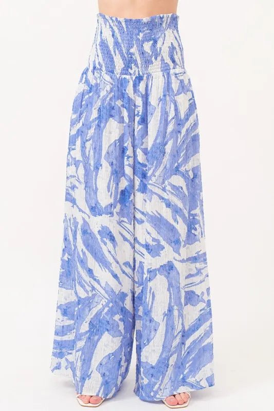 And The Why Smocked Tied Waist Abstract Print Wide Leg Pants - Blu Lotus Boutique