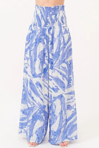 And The Why Smocked Tied Waist Abstract Print Wide Leg Pants - Blu Lotus Boutique