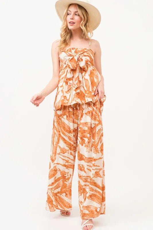And The Why Smocked Tied Waist Abstract Print Wide Leg Pants - Blu Lotus Boutique