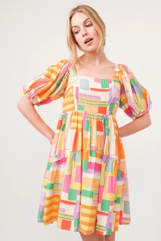 And The Why Square Neck Puff Sleeve Geo Printed Mini Dress - Blu Lotus Boutique