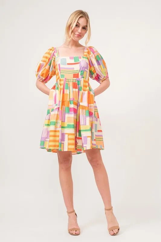 And The Why Square Neck Puff Sleeve Geo Printed Mini Dress - Blu Lotus Boutique