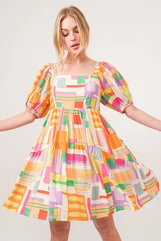 And The Why Square Neck Puff Sleeve Geo Printed Mini Dress - Blu Lotus Boutique