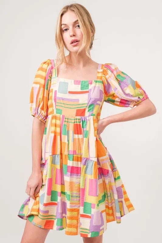 And The Why Square Neck Puff Sleeve Geo Printed Mini Dress - Blu Lotus Boutique