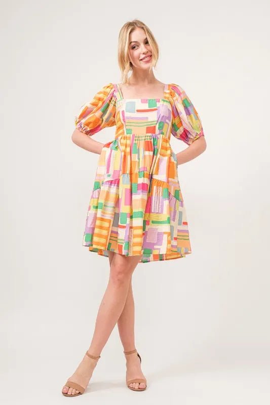 And The Why Square Neck Puff Sleeve Geo Printed Mini Dress - Blu Lotus Boutique