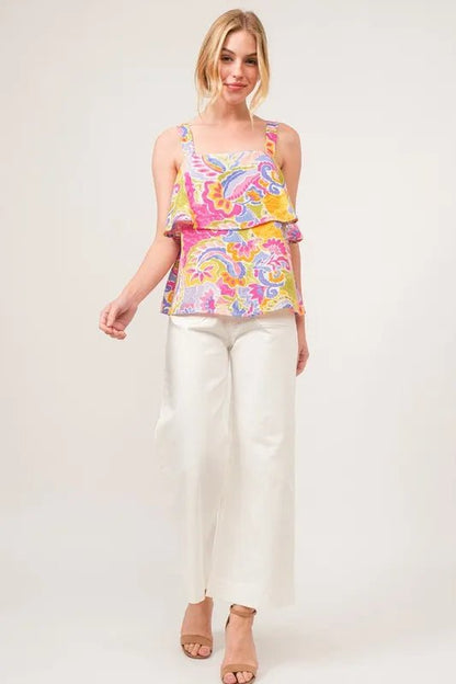 And The Why Square Neck Tiered Paisley Printed Top - Blu Lotus Boutique