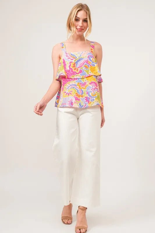 And The Why Square Neck Tiered Paisley Printed Top - Blu Lotus Boutique