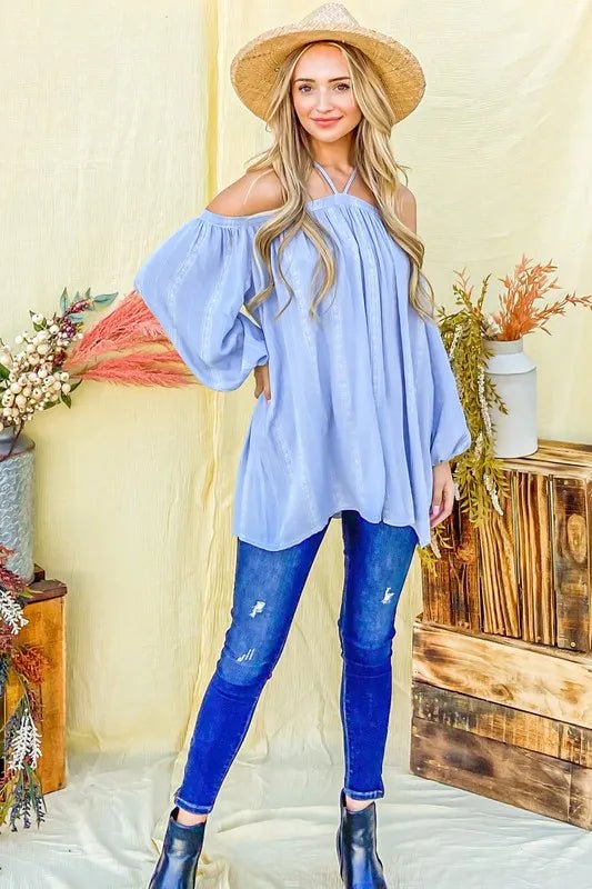 And The Why Stripe Printed Cold Shoulder Halter Neck Top - Blu Lotus Boutique