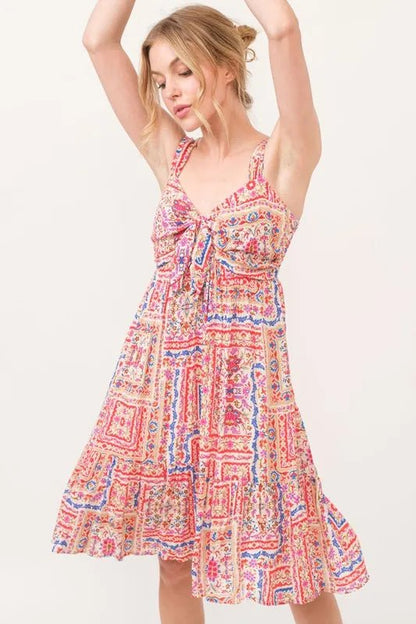 And The Why Tied Front Smocked Back Tiered Boho Printed Dress - Blu Lotus Boutique