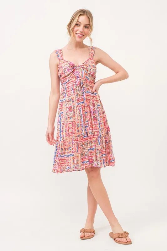 And The Why Tied Front Smocked Back Tiered Boho Printed Dress - Blu Lotus Boutique