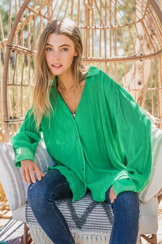And The Why V Neck Pleated Long Sleeves Shirt - Blu Lotus Boutique