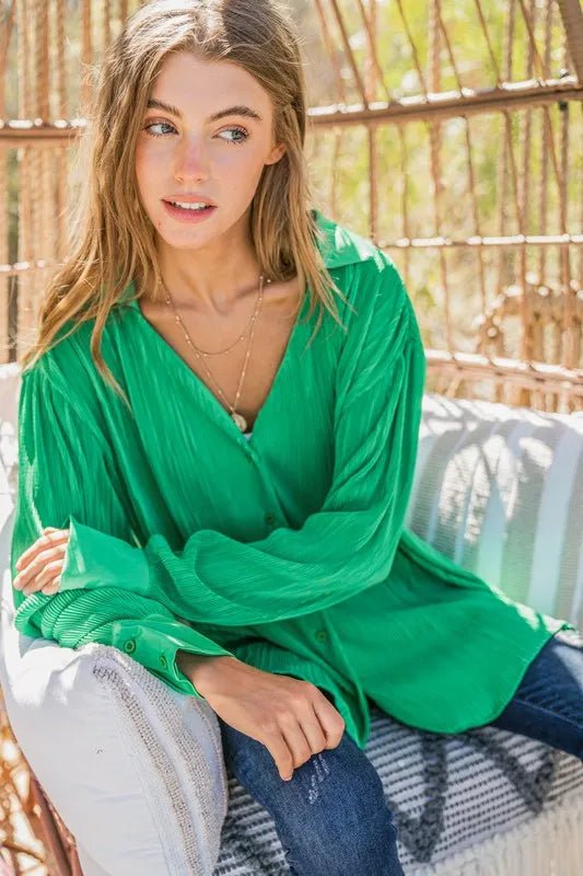 And The Why V Neck Pleated Long Sleeves Shirt - Blu Lotus Boutique