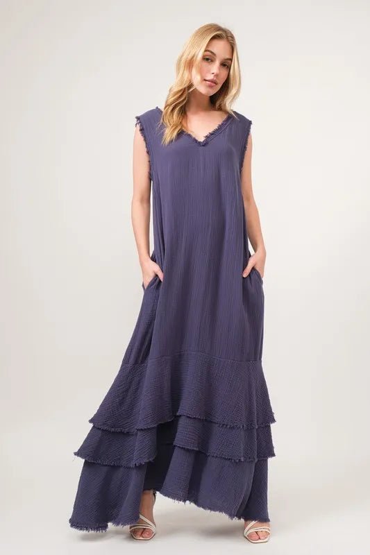 And The Why Washed Cotton Gauze Fringe Detail Tiered Dress - Blu Lotus Boutique