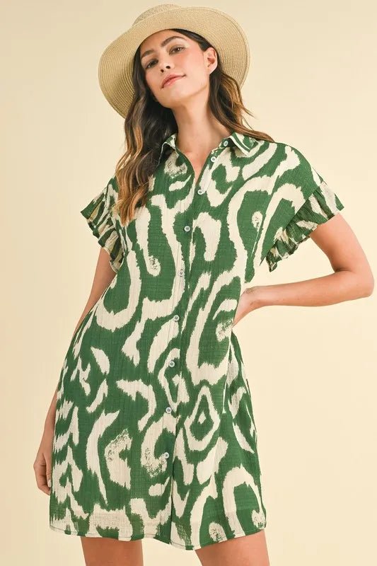 Annie Wear Abstract Printed Frill Sleeve Shirt Mini Dress - Blu Lotus Boutique