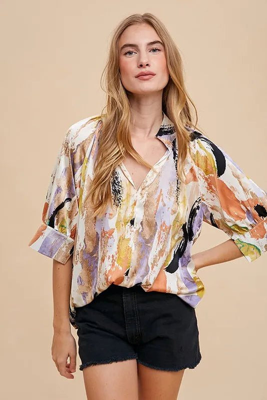 Annie Wear Multi Color Printed V - Neck Open Woven Blouse Top - Blu Lotus Boutique