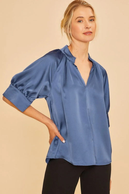 Annie Wear Satin V Neck Open Short Sleeve Woven Blouse Top - Blu Lotus Boutique