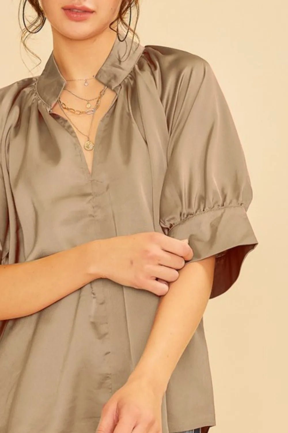 Annie Wear Satin V Neck Open Short Sleeve Woven Blouse Top - Blu Lotus Boutique