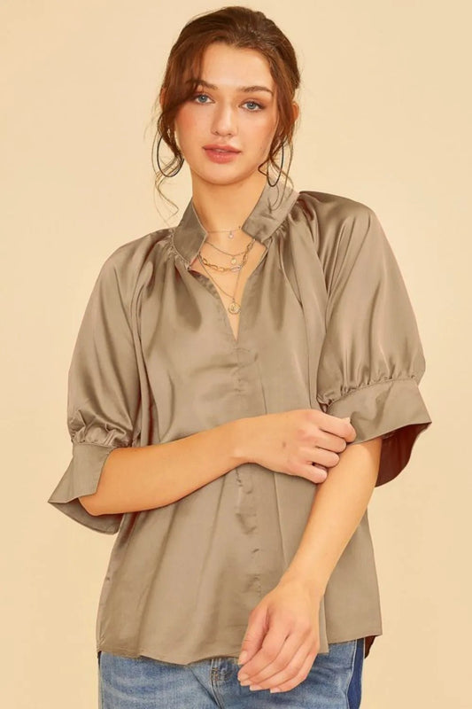 Annie Wear Satin V Neck Open Short Sleeve Woven Blouse Top - Blu Lotus Boutique