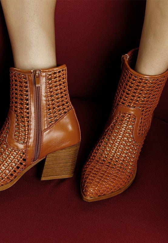 Artisole Woven Pleather Block Heel Boots - Blu Lotus Boutique