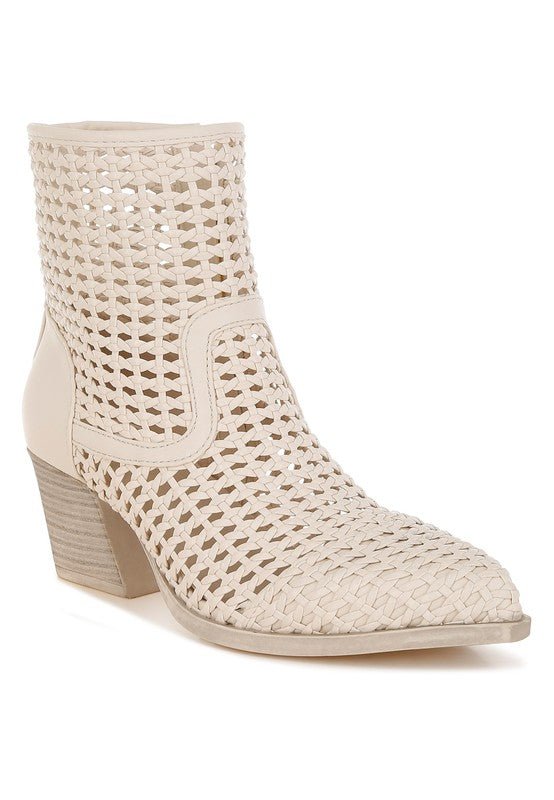 Artisole Woven Pleather Block Heel Boots - Blu Lotus Boutique