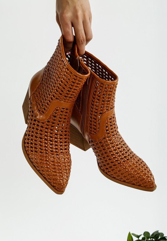 Artisole Woven Pleather Block Heel Boots - Blu Lotus Boutique