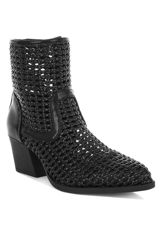 Artisole Woven Pleather Block Heel Boots - Blu Lotus Boutique