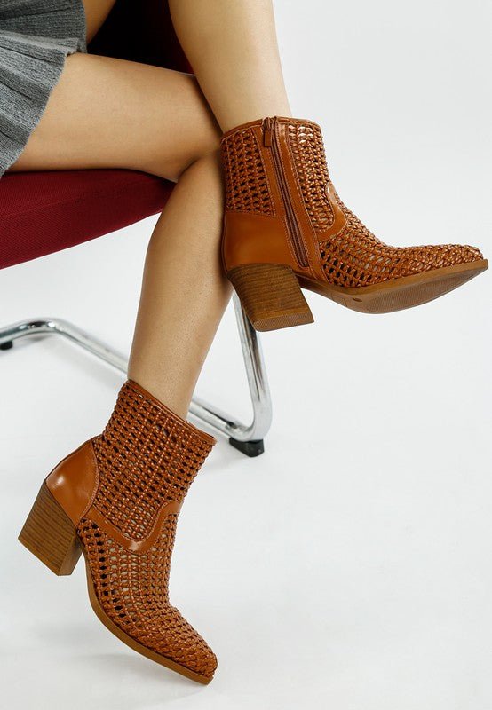 Artisole Woven Pleather Block Heel Boots - Blu Lotus Boutique