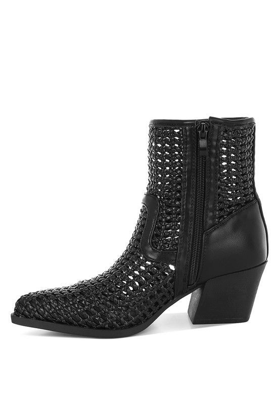 Artisole Woven Pleather Block Heel Boots - Blu Lotus Boutique