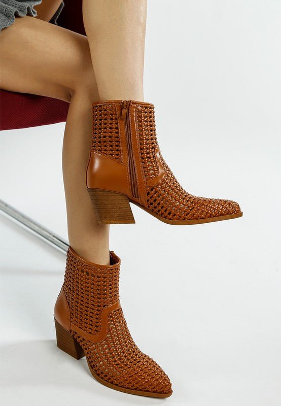 Artisole Woven Pleather Block Heel Boots - Blu Lotus Boutique