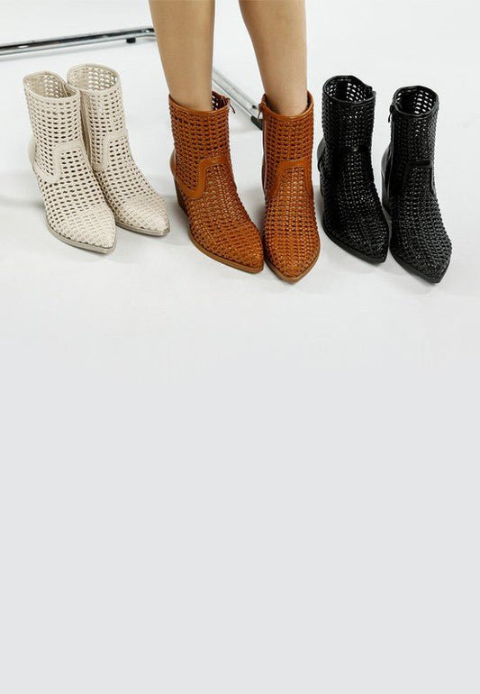 Artisole Woven Pleather Block Heel Boots - Blu Lotus Boutique