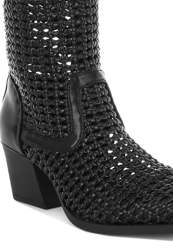 Artisole Woven Pleather Block Heel Boots - Blu Lotus Boutique