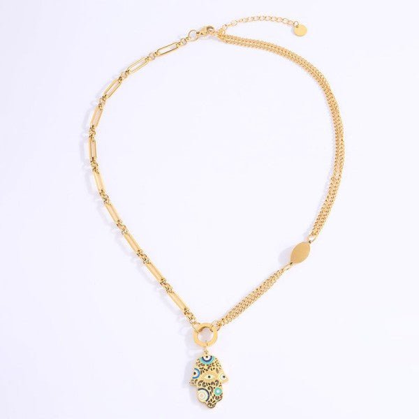 Artistic Hamsa Necklace with Dual Chain Design - Blu Lotus Boutique
