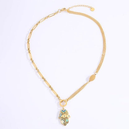 Artistic Hamsa Necklace with Dual Chain Design - Blu Lotus Boutique