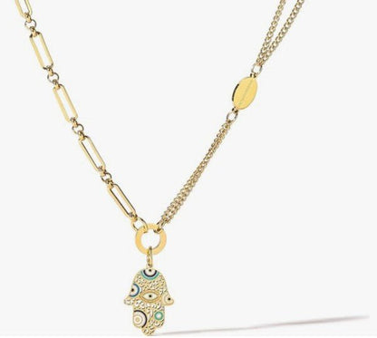 Artistic Hamsa Necklace with Dual Chain Design - Blu Lotus Boutique