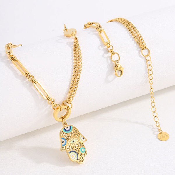 Artistic Hamsa Necklace with Dual Chain Design - Blu Lotus Boutique