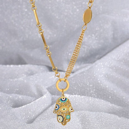 Artistic Hamsa Necklace with Dual Chain Design - Blu Lotus Boutique