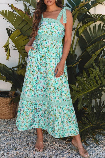 Ashlyn Floral Lace Tied Strap Empire Waist Maxi Dr - Blu Lotus Boutique