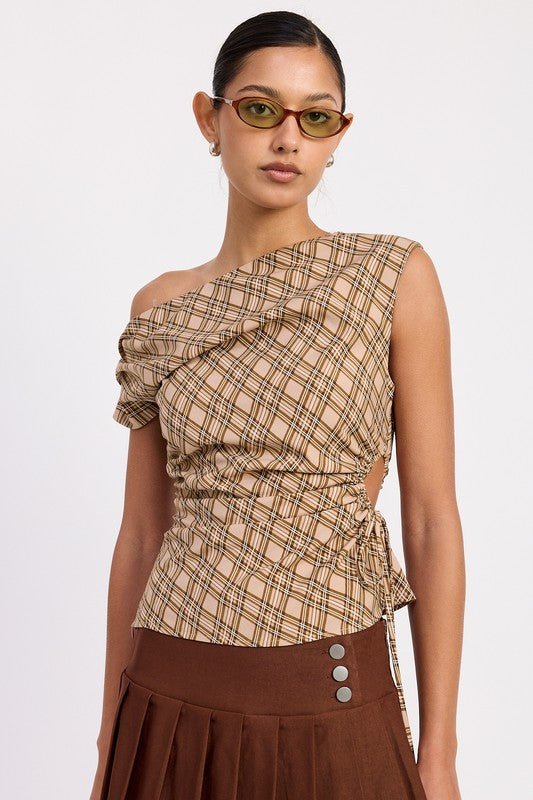 ASYMMETRIC ONE SHOULDER RUCHED PLAID TOP - Blu Lotus Boutique