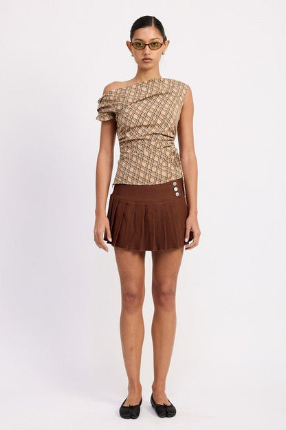 ASYMMETRIC ONE SHOULDER RUCHED PLAID TOP - Blu Lotus Boutique