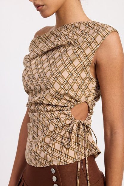 ASYMMETRIC ONE SHOULDER RUCHED PLAID TOP - Blu Lotus Boutique