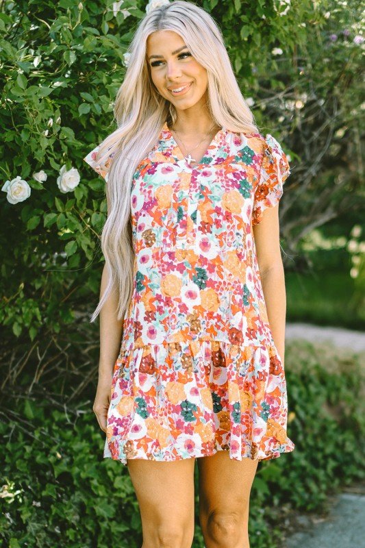 August Floral Print Split Neck Flutter Sleeve Dres - Blu Lotus Boutique