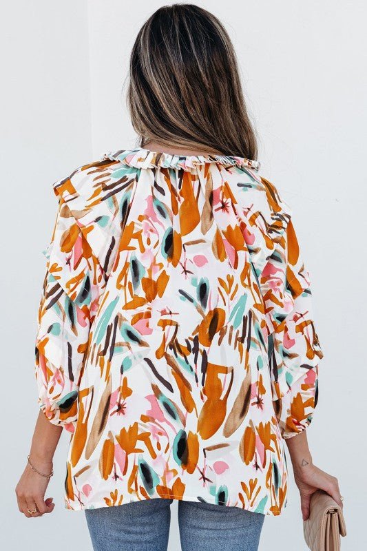 Aurelia Drawstring Frilled V Neck 3/4 Sleeve Blous - Blu Lotus Boutique