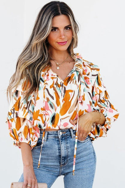 Aurelia Drawstring Frilled V Neck 3/4 Sleeve Blous - Blu Lotus Boutique