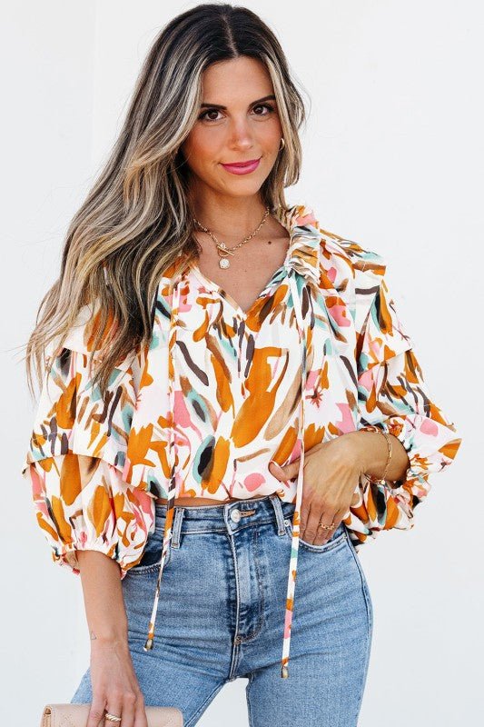 Aurelia Drawstring Frilled V Neck 3/4 Sleeve Blous - Blu Lotus Boutique