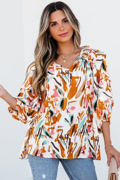 Aurelia Drawstring Frilled V Neck 3/4 Sleeve Blous - Blu Lotus Boutique